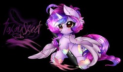 Size: 400x235 | Tagged: safe, artist:tawnysweet, oc, oc:dazzling talents, alicorn, pony, black background, blushing, ear fluff, female, mare, multicolored hair, picture for breezies, simple background, wacompen