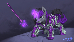 Size: 2500x1408 | Tagged: safe, artist:1jaz, oc, oc only, oc:purple flame, pony, unicorn, angry, armor, digital art, fight, glowing horn, horn, magic, male, solo, stallion, sword, telekinesis, weapon