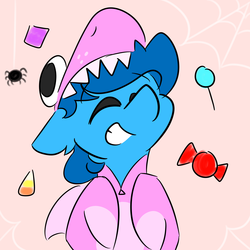 Size: 4000x4000 | Tagged: safe, artist:antimationyt, oc, oc only, pony, shark, spider, unicorn, blue, candy, clothes, costume, cute, eyes closed, food, grin, kigurumi, male, nightmare night, simple background, smiling, solo, stallion