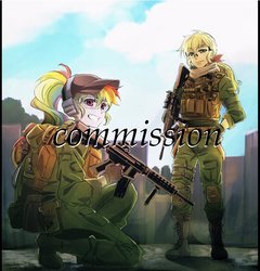 Size: 1153x1200 | Tagged: safe, artist:5mmumm5, applejack, rainbow dash, equestria girls, g4, ar-15, backpack, baseball cap, boots, bulletproof vest, cap, clothes, duo, earmuffs, female, gloves, grin, gun, hat, knee pads, m4 carbine, obtrusive watermark, ponytail, rifle, safety goggles, shoes, smiling, watermark, weapon