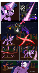 Size: 3039x5655 | Tagged: safe, twilight sparkle, oc, oc:fallenlight, alicorn, pony, comic:curse and madness, g4, armor, blast, fangs, flying, forest, gasp, glowing horn, grin, horn, jewelry, magic, magic beam, magic blast, mlpcam, necklace, night, smiling, stars, teleportation, text, tree, twilight sparkle (alicorn)