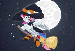 Size: 1080x740 | Tagged: safe, artist:cadetredshirt, oc, oc only, oc:northstar, pegasus, pony, broom, clothes, commission, costume, dress, flying, flying broomstick, full moon, gradient background, halloween, halloween costume, hat, holiday, looking at you, moon, night, nightmare night, nightmare night costume, one eye closed, smiling, socks, solo, stars, striped socks, wings, wings down, wink, witch, witch costume, witch hat, ych result