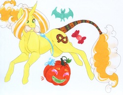 Size: 3766x2898 | Tagged: safe, artist:frozensoulpony, oc, oc only, oc:cocadas, pony, unicorn, halloween, high res, holiday, icing bag, jack-o-lantern, magical lesbian spawn, male, mouth hold, offspring, parent:bon bon, parent:lyra heartstrings, parents:lyrabon, pumpkin, solo, stallion, traditional art