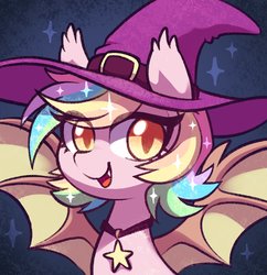 Size: 1632x1687 | Tagged: safe, artist:dawnfire, oc, oc only, oc:paper stars, bat pony, pony, bat pony oc, ethereal mane, eye clipping through hair, hat, solo, spread wings, starry mane, wings, witch hat