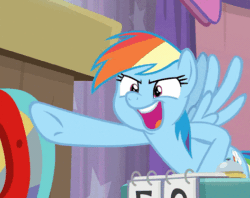 Size: 473x375 | Tagged: safe, edit, edited screencap, screencap, rainbow dash, pegasus, pony, a trivial pursuit, g4, animated, caption, cropped, female, gif, image macro, impact font, mare, open mouth, pointing, solo, text