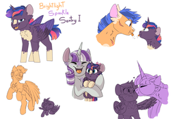 Size: 3300x2300 | Tagged: safe, artist:glitterstar2000, flash sentry, twilight sparkle, twilight velvet, oc, oc:brightlight sparkle sentry i, alicorn, pony, g4, alicorn oc, blaze (coat marking), chest fluff, coat markings, eyes closed, facial markings, father and daughter, female, filly, grandmother and grandchild, high res, male, mother and daughter, offspring, parent:flash sentry, parent:twilight sparkle, parents:flashlight, ship:flashlight, shipping, simple background, socks (coat markings), straight, tongue out, twilight sparkle (alicorn), white background