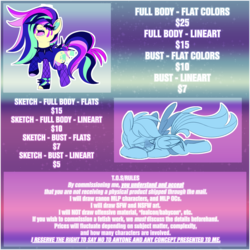 Size: 4900x4901 | Tagged: safe, artist:taaffeiite, derpibooru exclusive, coloratura, rainbow dash, earth pony, pegasus, pony, advertisement, blushing, clothes, commission info, countess coloratura, female, gradient background, makeup, mare, open mouth, prone, raised hoof, running makeup, singing, sketch, spread wings, text, wings