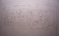 Size: 4914x2992 | Tagged: safe, artist:徐詩珮, fizzlepop berrytwist, glitter drops, spring rain, tempest shadow, twilight sparkle, alicorn, pony, unicorn, g4, bisexual, broken horn, dialogue, female, horn, lesbian, lineart, mare, onomatopoeia, polyamory, ship:glitterlight, ship:glittershadow, ship:sprglitemplight, ship:springdrops, ship:springlight, ship:springshadow, ship:springshadowdrops, ship:tempestlight, shipping, sleeping, sound effects, traditional art, twilight sparkle (alicorn), zzz