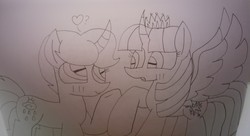 Size: 4603x2501 | Tagged: safe, artist:徐詩珮, spring rain, twilight sparkle, alicorn, pony, unicorn, g4, female, lesbian, lineart, mare, ship:springlight, shipping, traditional art, twilight sparkle (alicorn)