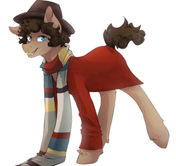 Size: 1069x1010 | Tagged: safe, artist:risu-nya, doctor whooves, time turner, earth pony, pony, g4, clothes, doctor who, fedora, fourth doctor, fourth doctor's scarf, frock coat, hat, male, ponified, safari jacket, scarf, simple background, solo, striped scarf, the doctor, tom baker, white background