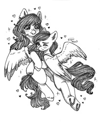 Size: 3120x3806 | Tagged: safe, artist:sugar peach, artist:sunshine, oc, oc only, oc:cocoa cloud, oc:hazelnut, pegasus, pony, blushing, commission, cuddling, heart, high res, horseshoes, long mane, monochrome, one eye closed, simple background, smiling, sparkles, traditional art, wings