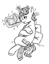 Size: 3117x4059 | Tagged: safe, artist:sugar peach, artist:sunshine, oc, oc only, oc:scripture, pony, unicorn, book, commission, horn, levitation, magic, male, monochrome, pillow, reading, short mane, simple background, smiling, sparkles, stallion, telekinesis, traditional art