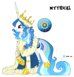 Size: 2099x2200 | Tagged: safe, artist:x-dainichi-x, oc, oc only, oc:prince mythical, alicorn, hybrid, pony, clothes, crown, high res, interspecies offspring, jewelry, male, offspring, parent:discord, parent:princess celestia, parents:dislestia, regalia, robe, simple background, solo, stallion, transparent background