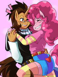 Size: 1512x1984 | Tagged: safe, artist:traupa, pinkie pie, oc, oc:copper plume, earth pony, unicorn, anthro, g4, belt, blushing, canon x oc, clothes, commission, commissioner:imperfectxiii, copperpie, eyes closed, female, freckles, glasses, hug, long socks, male, neckerchief, one eye closed, pants, shipping, shirt, shorts, simple background, smiling, straight
