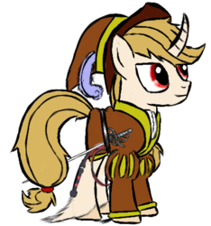 Size: 427x457 | Tagged: safe, artist:uncreative, oc, oc only, oc:regal inkwell, pony, unicorn, clothes, curved horn, doublet, hat, horn, rapier, solo, sword, unshorn fetlocks, weapon, whip