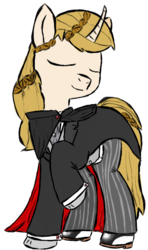Size: 425x718 | Tagged: safe, artist:uncreative, oc, oc only, oc:regal inkwell, pony, unicorn, cape, clothes, curved horn, fancy, gloves, horn, shoes, solo, suit, tuxedo