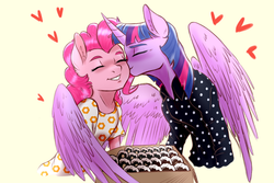 Size: 1680x1120 | Tagged: safe, artist:lorenz3, artist:notaletolivefor, pinkie pie, twilight sparkle, alicorn, pony, anthro, g4, clothes, donut, female, food, grin, happy, hug, kissing, lesbian, mare, ship:twinkie, shipping, smiling, twilight sparkle (alicorn), winghug