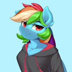Size: 800x800 | Tagged: safe, artist:iloota, rainbow dash, pegasus, anthro, g4, blue background, bust, cleavage fluff, clothes, female, hoodie, looking at you, mare, simple background, solo, wip