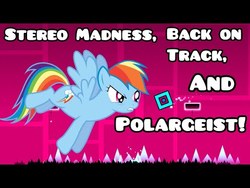 Size: 480x360 | Tagged: safe, rainbow dash, pony, g4, back on track, block, cutie mark, game, gamer, geometry dash, level, online level, polargeist, stereo madness, thorn, wings