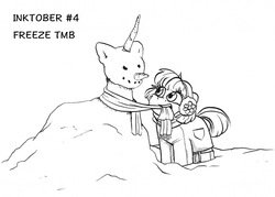 Size: 1586x1136 | Tagged: safe, artist:tillie-tmb, oc, oc only, oc:meadow lark, earth pony, pony, clothes, earmuffs, female, filly, inktober, inktober 2019, monochrome, mouth hold, scarf, snowpony, solo, traditional art