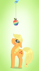 Size: 1155x2079 | Tagged: safe, artist:dyonys, derpibooru exclusive, applejack, rainbow dash, pony, apple, blushing, chibi, cute, dangling, female, food, freckles, hatless, implied appledash, implied lesbian, implied shipping, jackabetes, looking up, mare, missing accessory, simple background, standing, wingding eyes, zap apple