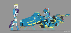 Size: 2000x920 | Tagged: safe, artist:satv12, rainbow dash, rarity, pony, semi-anthro, g4, arm hooves, armpits, belly button, biker, bipedal, boots, clothes, electricity, floating, gray background, high heel boots, hoverbike, miniskirt, race, race queen, shoes, side slit, simple background, skirt, top, uniform, wonderbolts uniform