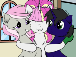 Size: 1920x1440 | Tagged: safe, artist:onlymeequestrian, oc, oc only, oc:brightfull flux, oc:lagmanor amell, oc:sweet shutter, pegasus, pony, unicorn, female, friendship, group hug, hug, male, mare, stallion