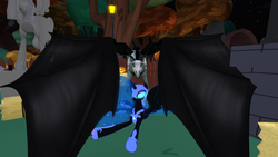 Size: 1600x900 | Tagged: safe, nightmare moon, oc, oc:icarus the lunar guard, alicorn, bat pony, pony, g4, armor, bat pony oc, bat wings, female, feral, hoof shoes, male, mare, nightmare night, screenshots, second life, stallion, statue, wings
