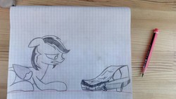 Size: 1600x900 | Tagged: safe, oc, oc only, pony, car, floppy ears, graph paper, pencil, solo, traditional art