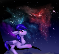 Size: 2700x2500 | Tagged: safe, artist:observerdoz, oc, oc only, oc:dream guide, pegasus, pony, high res, looking up, night, solo, space, stars, tree
