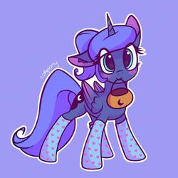 Size: 750x750 | Tagged: safe, artist:lollipony, princess luna, alicorn, pony, g4, basket, blue background, blushing, clothes, cute, daaaaaaaaaaaw, eye clipping through hair, female, floppy ears, halloween, holiday, looking at you, lunabetes, mare, mouth hold, ponytail, pumpkin bucket, s1 luna, simple background, smiling, socks, solo, white outline