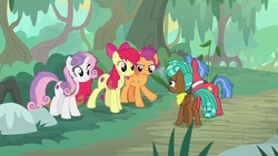 Size: 1920x1080 | Tagged: safe, screencap, apple bloom, biscuit, scootaloo, spur, sweetie belle, earth pony, pegasus, pony, unicorn, g4, growing up is hard to do, butt, cutie mark crusaders, mud, older, plot