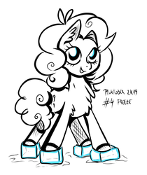 Size: 2984x3552 | Tagged: safe, artist:coco-drillo, pinkie pie, earth pony, pony, g4, chest fluff, curly mane, cute, ear fluff, female, freeze, high res, ice, ice cubes, ice skating, inktober, inktober 2019, monochrome, pinktober, ponk, silly, skating, solo, swirls, swirly mane