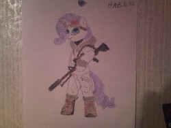 Size: 1600x1200 | Tagged: safe, artist:mr. haze, rarity, unicorn, anthro, unguligrade anthro, g4, boots, clothes, fanfic art, female, goggles, gun, irl, photo, shoes, solo, traditional art, weapon