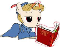 Size: 1317x1040 | Tagged: safe, artist:uncreative, oc, oc only, oc:regal inkwell, pony, unicorn, book, clothes, colt, glowing horn, hat, horn, magic, male, robe, solo, telekinesis, younger