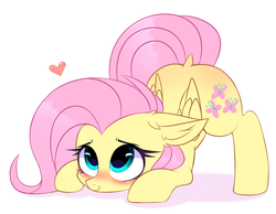 Size: 2928x2274 | Tagged: safe, artist:pesty_skillengton, fluttershy, pegasus, pony, blushing, butt blush, crouching, cute, cutie mark, daaaaaaaaaaaw, dock, ear fluff, face down ass up, female, heart, mare, shyabetes, simple background, smiling, solo, weapons-grade cute, white background