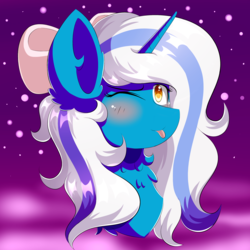 Size: 2520x2520 | Tagged: safe, artist:prism(not colourful), oc, oc only, oc:fleurbelle, pony, bow, bust, female, hair bow, high res, mare, one eye closed, portrait, solo, tongue out, wink