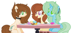 Size: 2104x958 | Tagged: safe, artist:browniepawyt, oc, oc only, oc:brownie paw, earth pony, pegasus, pony, unicorn, base used, donut, female, food, mare, simple background, transparent background