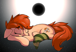 Size: 5044x3445 | Tagged: safe, artist:rexyseven, oc, oc only, oc:rusty gears, earth pony, pony, clothes, eye clipping through hair, eyes closed, female, freckles, mare, prone, sleeping, socks, solo, space, striped socks