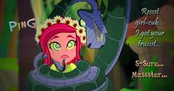 Size: 1236x646 | Tagged: safe, artist:snakeythingy, gloriosa daisy, equestria girls, g4, my little pony equestria girls: legend of everfree, coiling, coils, cute, female, forest, hypno eyes, kaa, kaa eyes, looking down, looking up, mind control, peril, solo, sound effects, story included, text