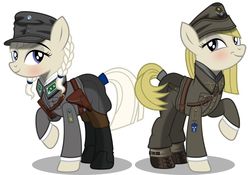 Size: 1024x715 | Tagged: safe, artist:brony-works, earth pony, pony, blushing, braid, clothes, duo, female, finland, lieutenant, mare, military, simple background, sweden, twin braids, uniform, white background, world war ii
