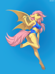 Size: 899x1200 | Tagged: safe, artist:margony, fluttershy, bat pony, pegasus, anthro, unguligrade anthro, g4, bat ponified, bat wings, blue background, clothes, dock, female, flutterbat, flying, looking at you, mare, race swap, simple background, smiling, solo, sports bra, sports panties, sports shorts, wings