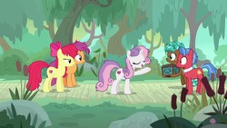 Size: 1920x1080 | Tagged: safe, screencap, apple bloom, biscuit, scootaloo, spur, sweetie belle, pony, g4, growing up is hard to do, box, cattails, cutie mark crusaders, messy mane, older, reeds