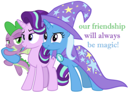Size: 1051x760 | Tagged: safe, edit, hundreds of users filter this tag, spike, starlight glimmer, trixie, dragon, pony, unicorn, g4, best friends, best friends until the end of time, female, male, mare, simple background, transparent background, vector