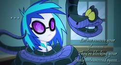 Size: 1222x654 | Tagged: safe, artist:snakeythingy, dj pon-3, vinyl scratch, snake, equestria girls, g4, ..., blank expression, canterlot high, classroom, clothes, coiling, coils, cute, disney, female, glasses, hypno eyes, kaa, kaa eyes, mind control, peril, solo, story included, text