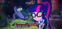 Size: 1270x595 | Tagged: safe, artist:snakeythingy, sci-twi, twilight sparkle, snake, equestria girls, g4, my little pony equestria girls: legend of everfree, brainwashing, camp everfree logo, camp everfree outfits, coils, female, forest, glasses, hypno eyes, hypnosis, hypnotized, kaa, kaa eyes, master, mind control, peril, ponytail, smiling, solo, speech change, story included, text, the jungle book