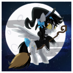 Size: 4900x4900 | Tagged: safe, artist:kazziepones, oc, oc only, oc:lightning dee, pegasus, pony, bow, broom, choker, clothes, colored sclera, commission, fangs, female, flying, flying broomstick, grin, hat, hoodie, mare, moon, night, smiling, solo, spiked choker, spiked wristband, spread wings, tail bow, wings, witch hat, wristband, ych result