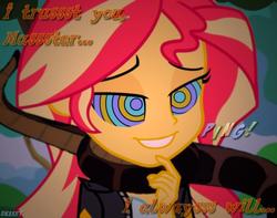 Size: 900x710 | Tagged: safe, artist:snakeythingy, sunset shimmer, equestria girls, g4, my little pony equestria girls: friendship games, brainwashing, clothes, coils, cute, dress, female, hypno eyes, hypnosis, hypnotized, implied kaa, jacket, kaa, kaa eyes, leather jacket, lidded eyes, master, mind control, peril, shimmerbetes, smiling, solo, speech change, story included