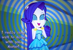 Size: 1024x699 | Tagged: safe, artist:snakeythingy, rarity, equestria girls, g4, bracelet, canterlot high, clothes, cute, dancing, dress, excited, fall formal, fall formal outfits, female, hallway, hands on cheeks, happy, hypno eyes, hypnority, hypnosis, hypnotized, jewelry, lockers, master, ponied up, ponytail, raribetes, sexy, solo, spiral, story included, swirly eyes, text