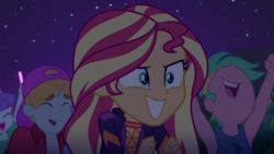 Size: 1280x720 | Tagged: safe, screencap, aqua blossom, fry lilac, lemon zack, sunset shimmer, equestria girls, g4, my little pony equestria girls: better together, the last drop, background human, female, male, sleeveless